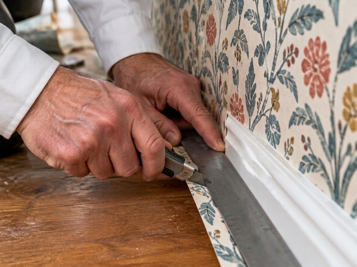 Wallpaper trimmed neatly at the skirting with a blade and straight edge