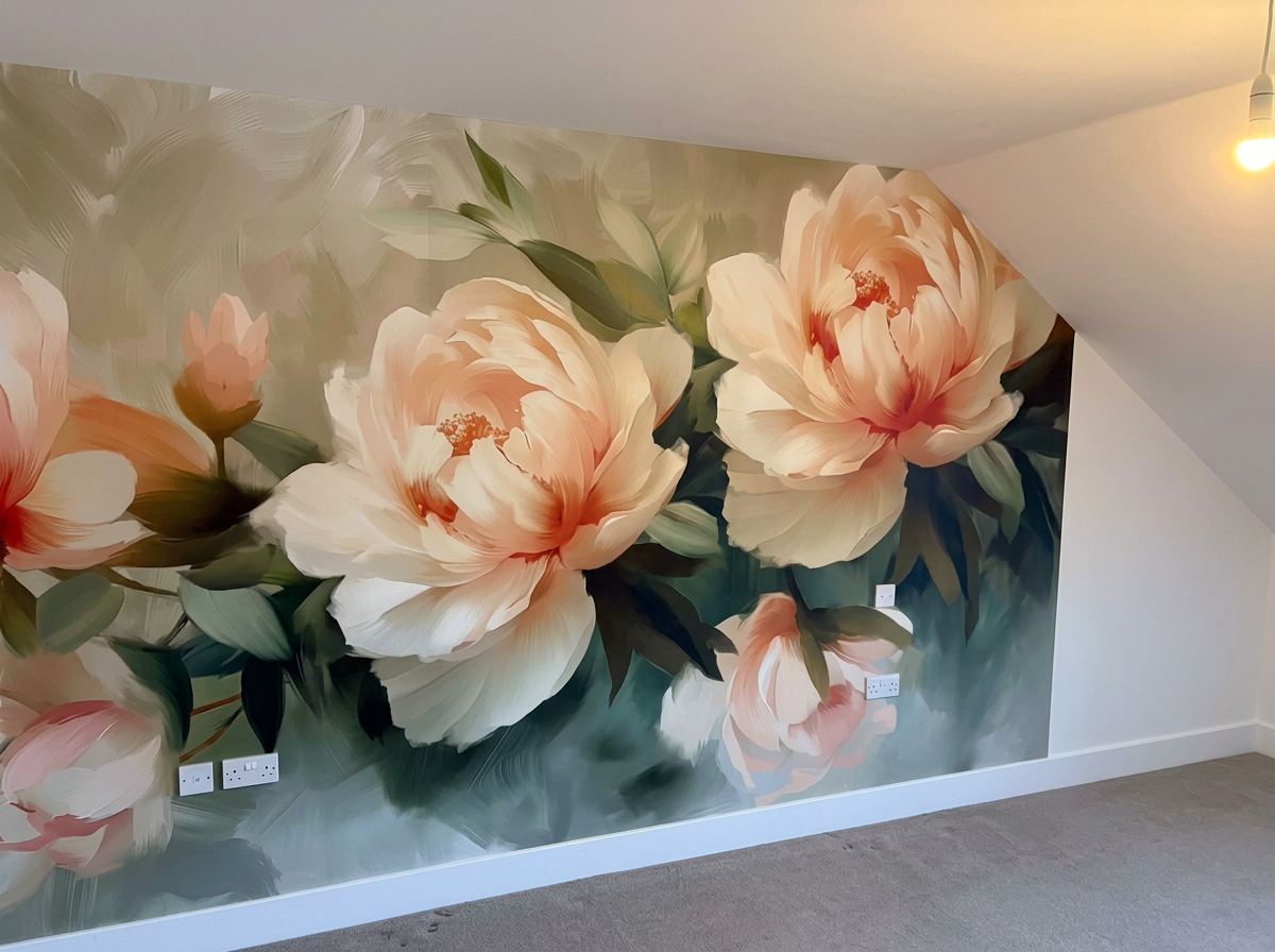 Floral mural, loft bedroom