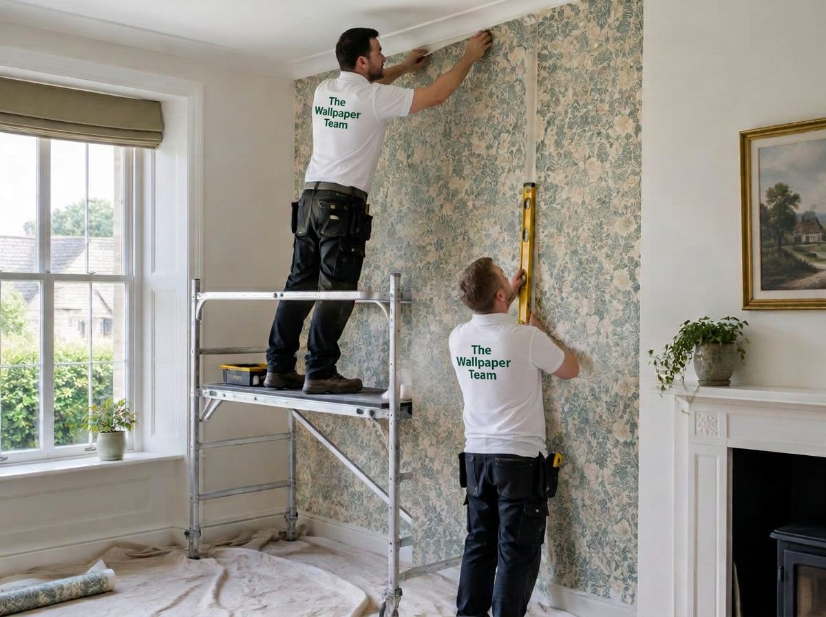 Two members of our team hanging and levelling patterned wallpaper